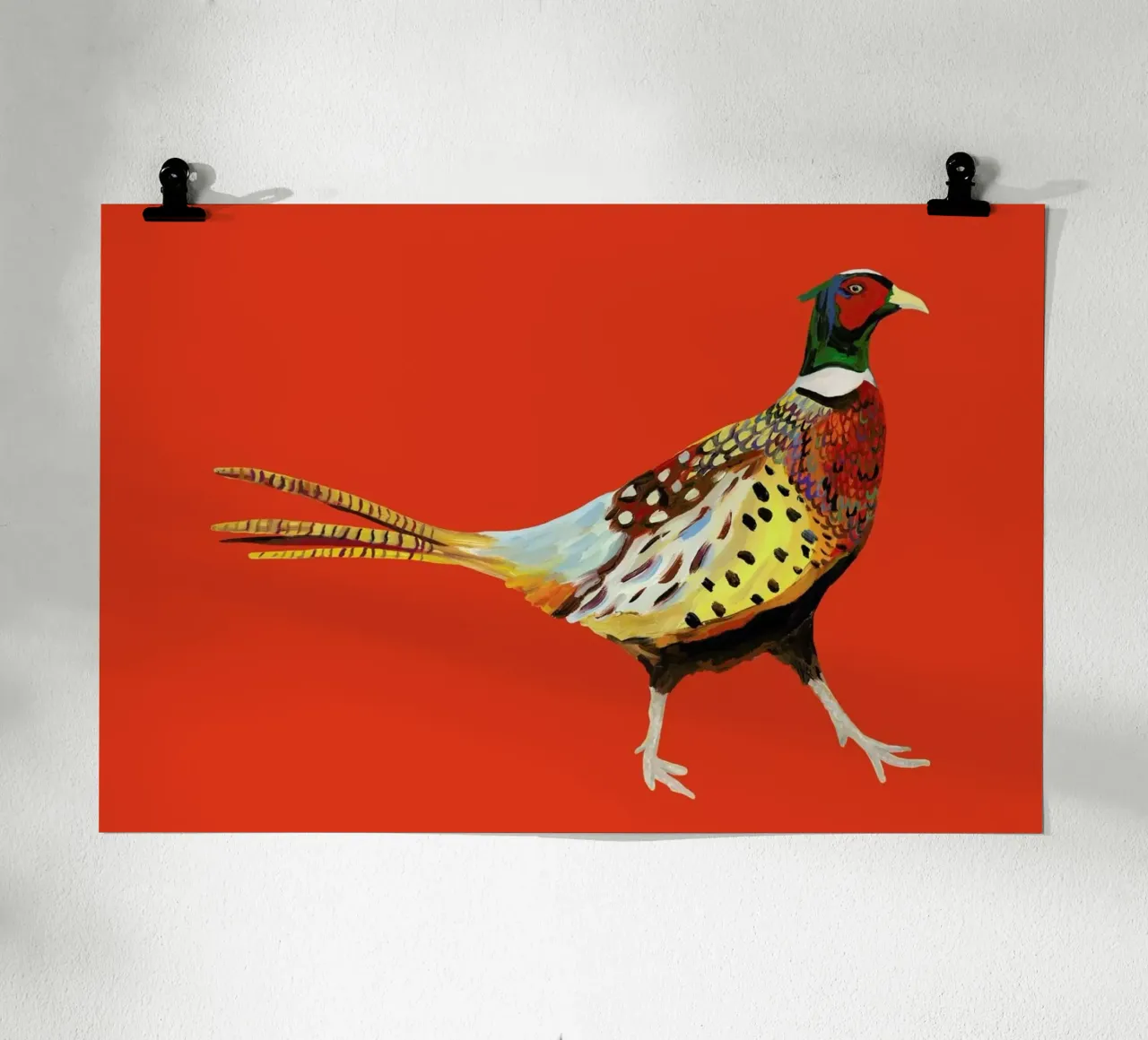 Strutting Pheasant On Orange poster con telaio in plastica da Alice Straker
