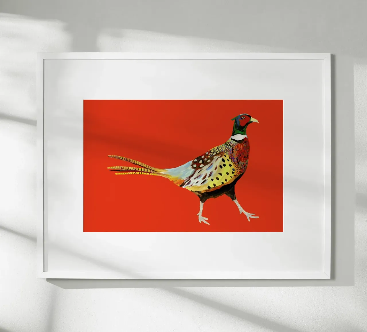 Strutting Pheasant On Orange poster con telaio in plastica da Alice Straker