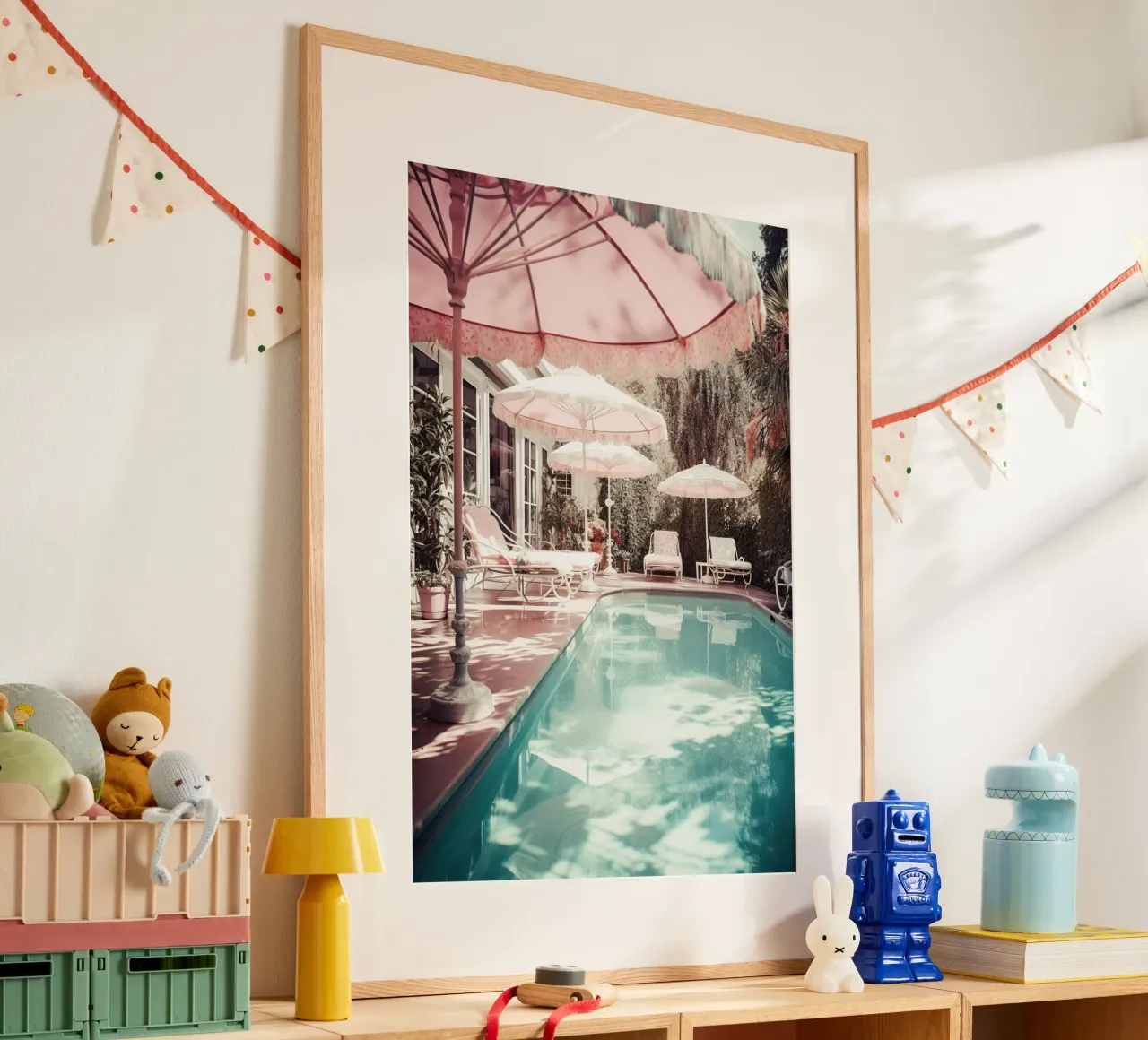 Nostalgic Summer Swimming Pool Art Pink poster con telaio in alluminio da GraceDigitalArtCo