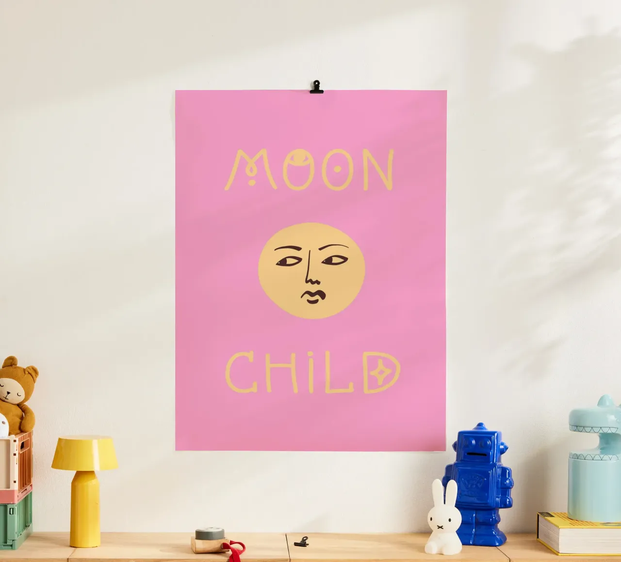 Moon Child Pink and Yellow Illustration poster con telaio in alluminio da GraceDigitalArtCo