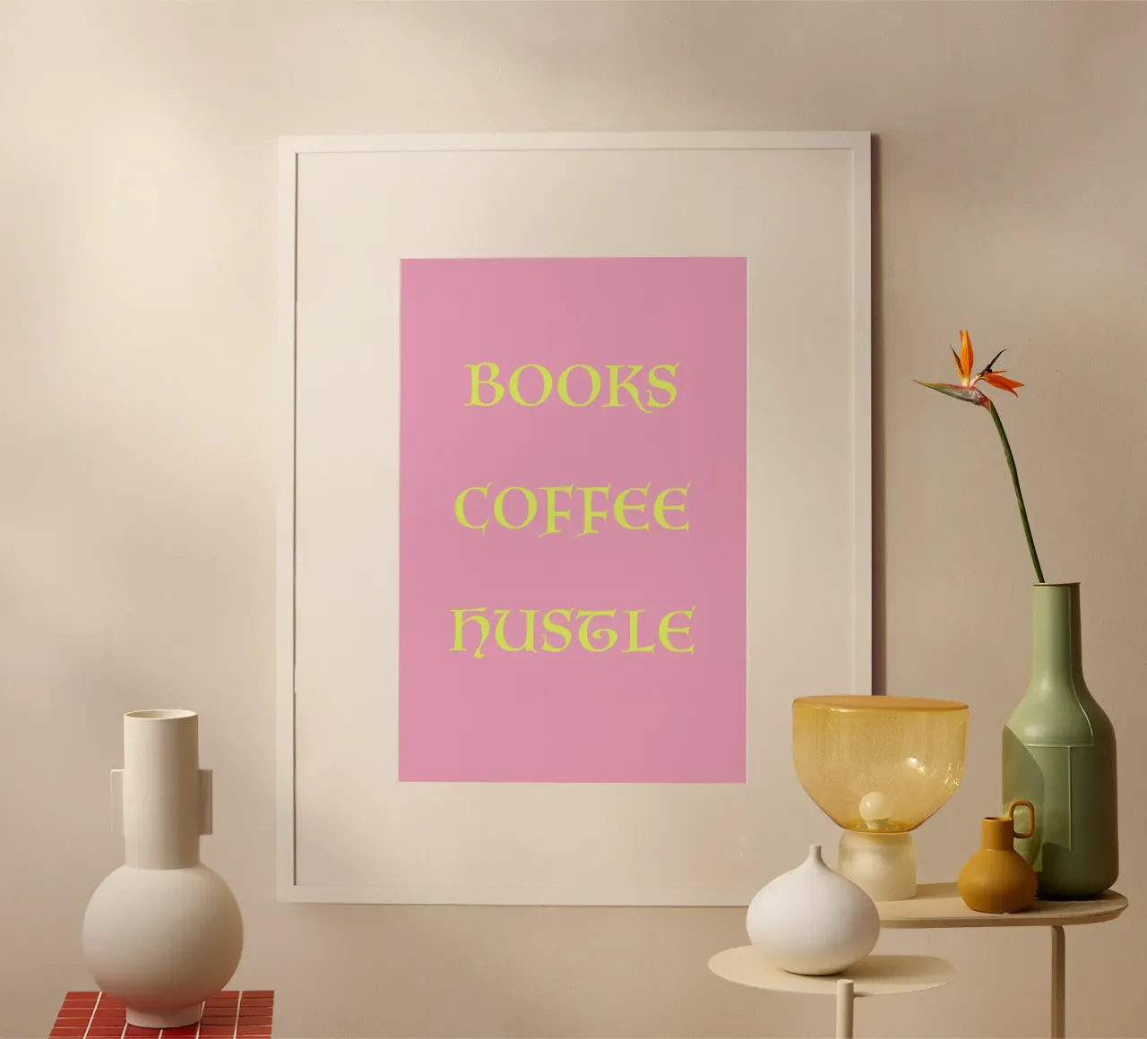 Books Coffee Hustle Pink and Yellow Art poster con telaio in legno da GraceDigitalArtCo