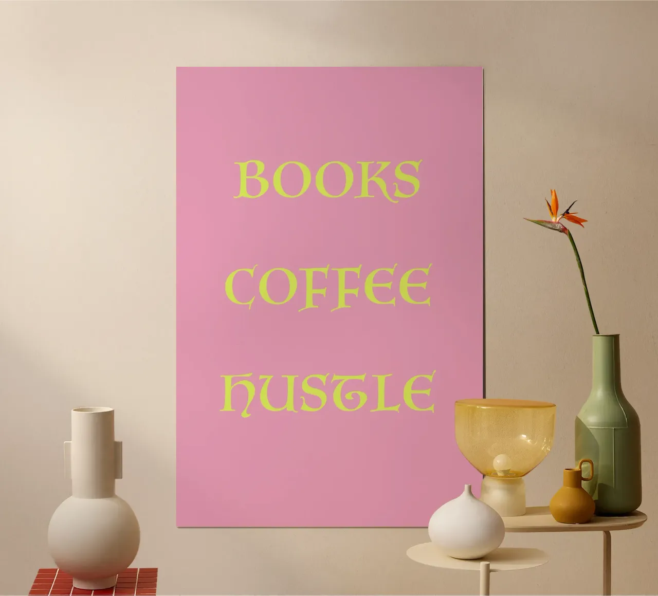 Books Coffee Hustle Pink and Yellow Art poster con telaio in legno da GraceDigitalArtCo