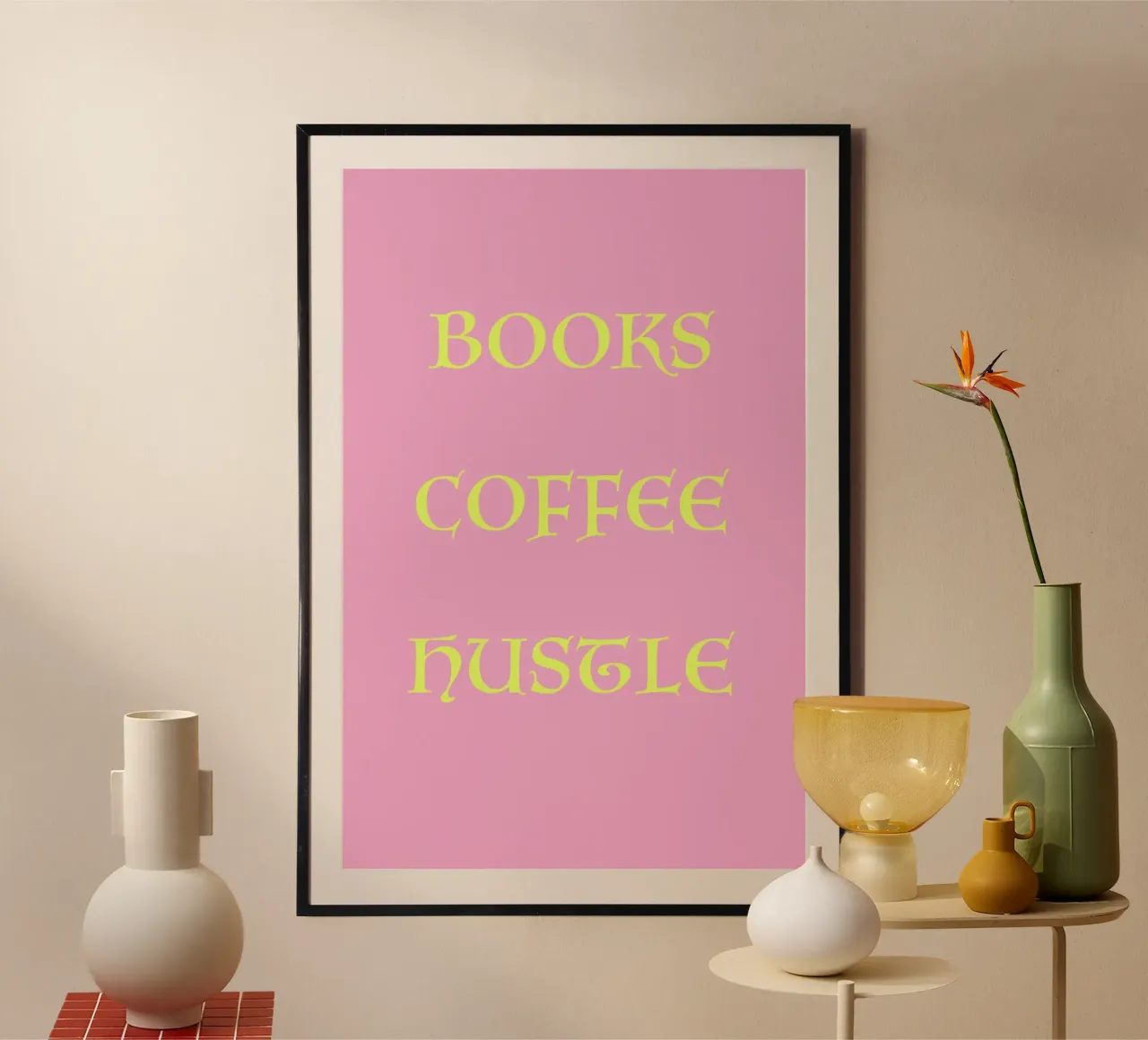Books Coffee Hustle Pink and Yellow Art poster con telaio in legno da GraceDigitalArtCo