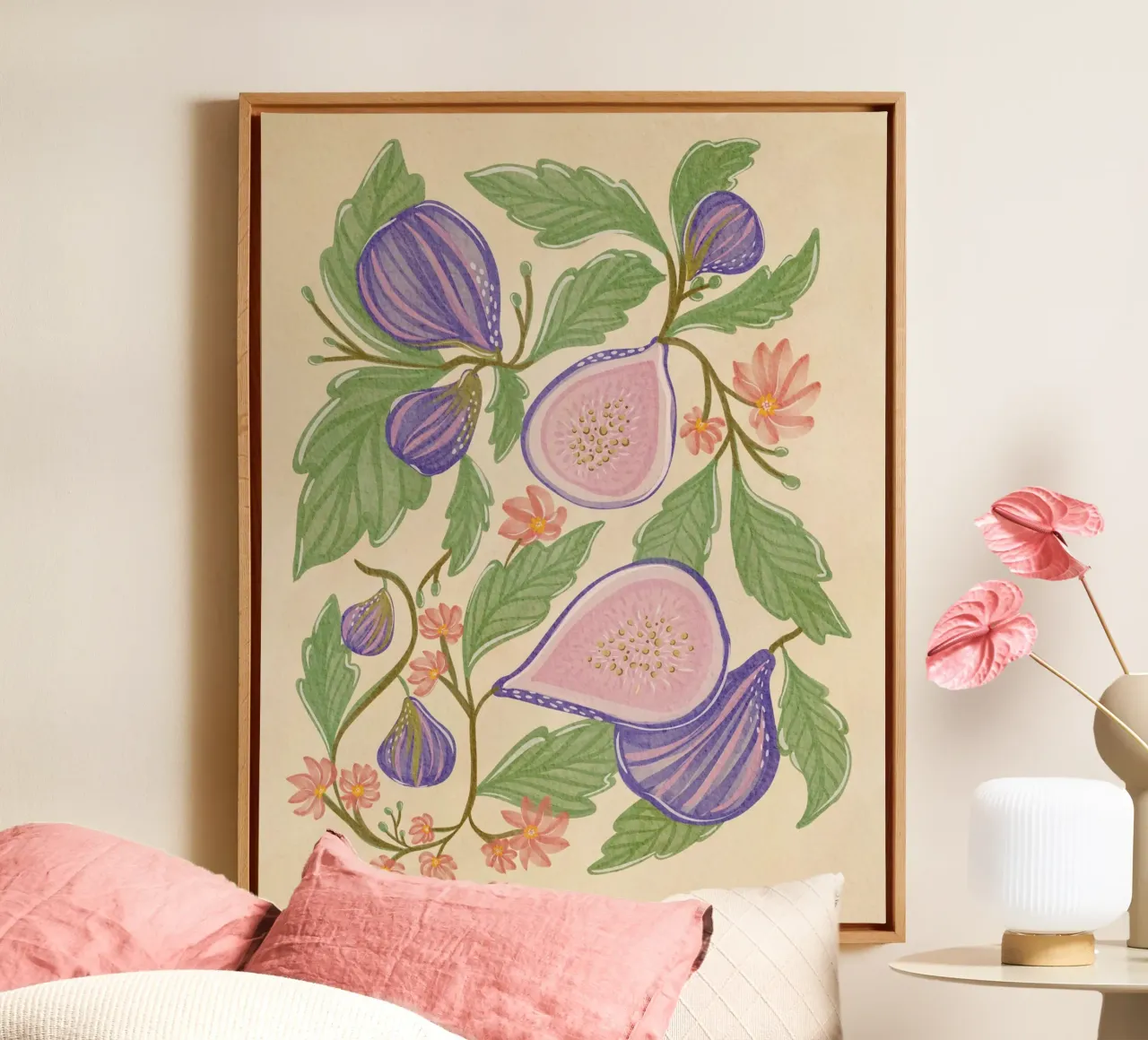 Illustrazione botanica di fichi e fiori tela con Cornice a cassetta da Nikita Jariwala