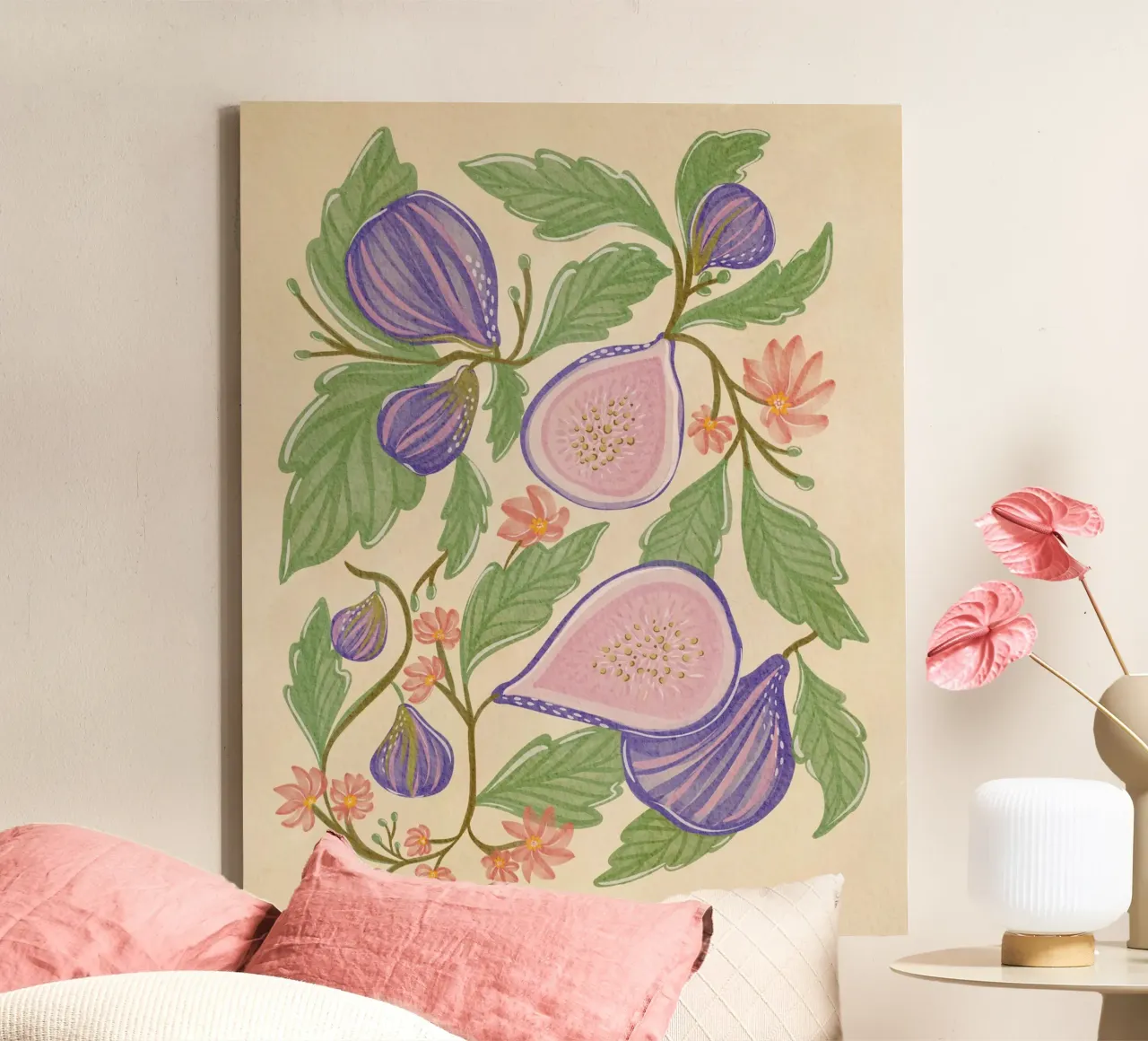 Illustrazione botanica di fichi e fiori tela con Cornice a cassetta da Nikita Jariwala