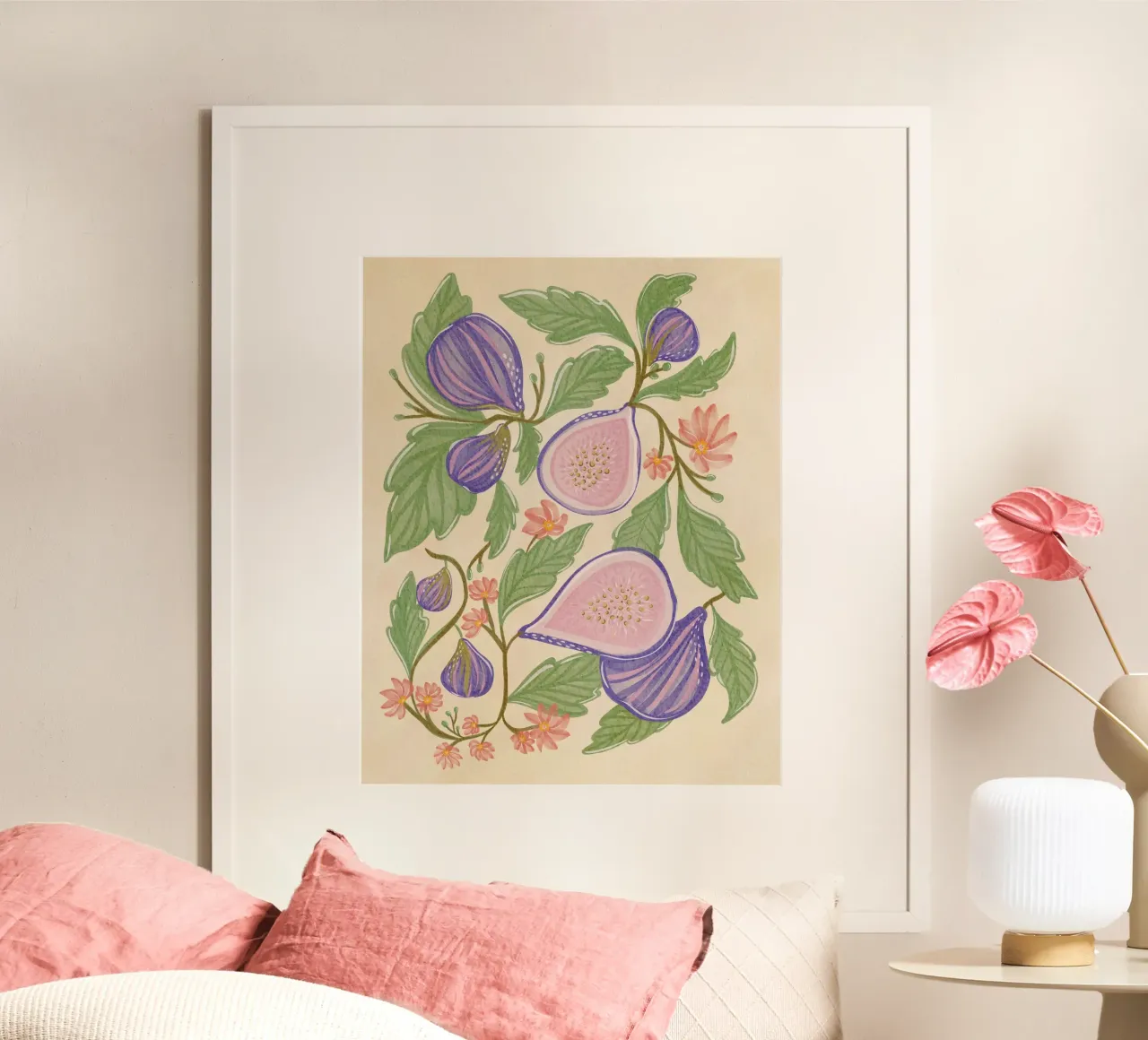 Illustrazione botanica di fichi e fiori poster con telaio in legno da Nikita Jariwala