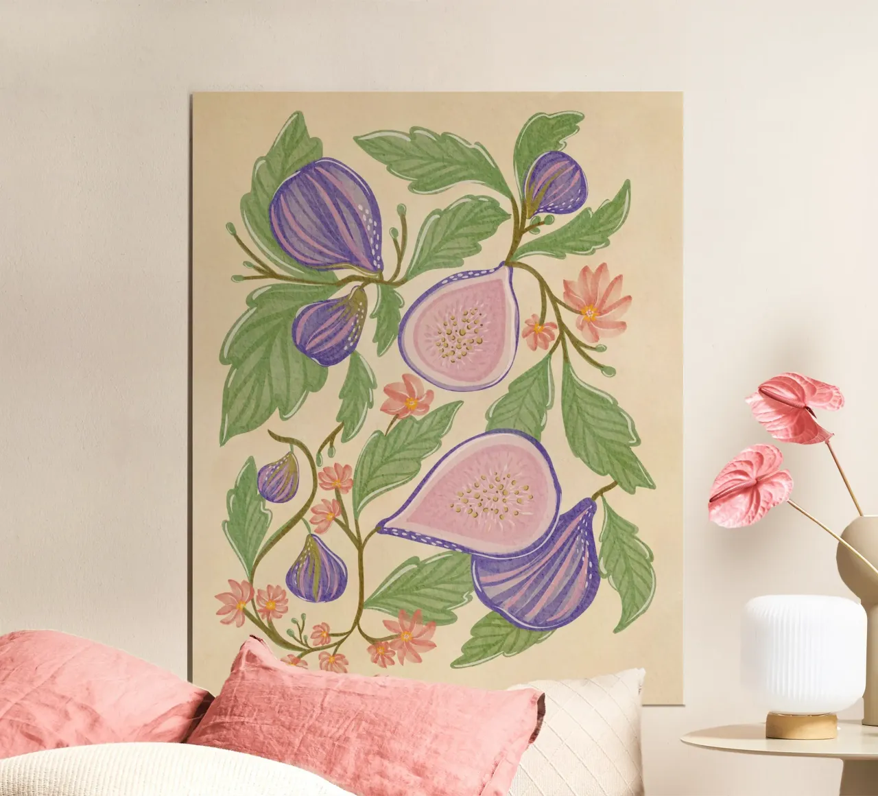 Illustrazione botanica di fichi e fiori poster con telaio in legno da Nikita Jariwala