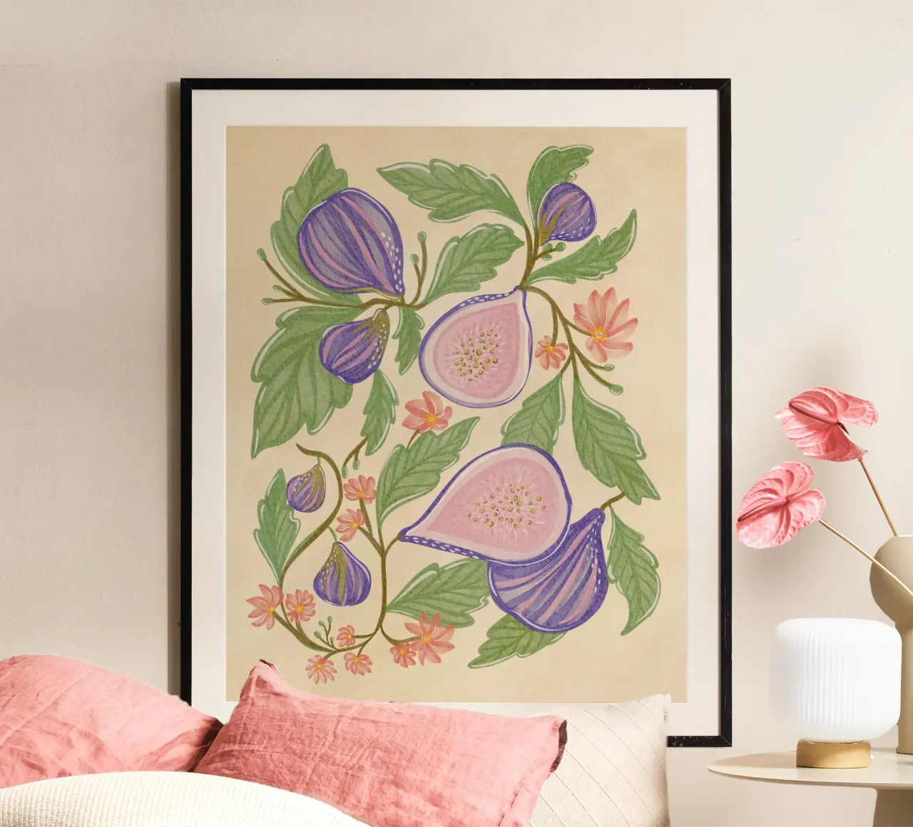 Illustrazione botanica di fichi e fiori poster con telaio in legno da Nikita Jariwala