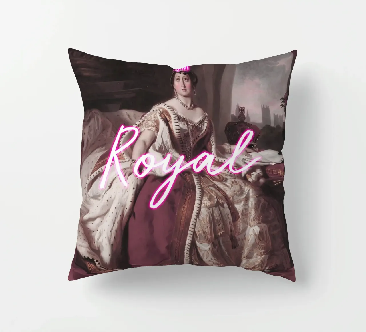 Queen Victoria Neon Crown and Text cuscino da GraceDigitalArtCo