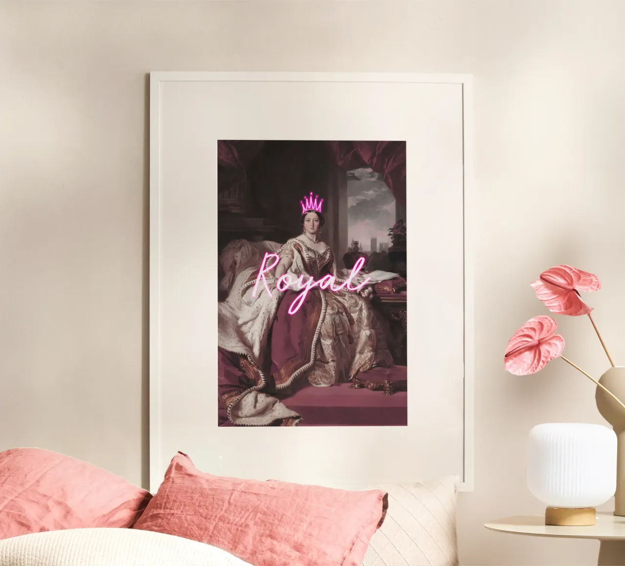 Queen Victoria Neon Crown and Text poster con telaio in alluminio da GraceDigitalArtCo
