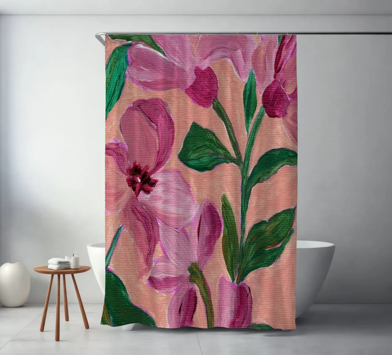 Pink Flowers With Bold Green Leaves shower curtain by Nikita Jariwala