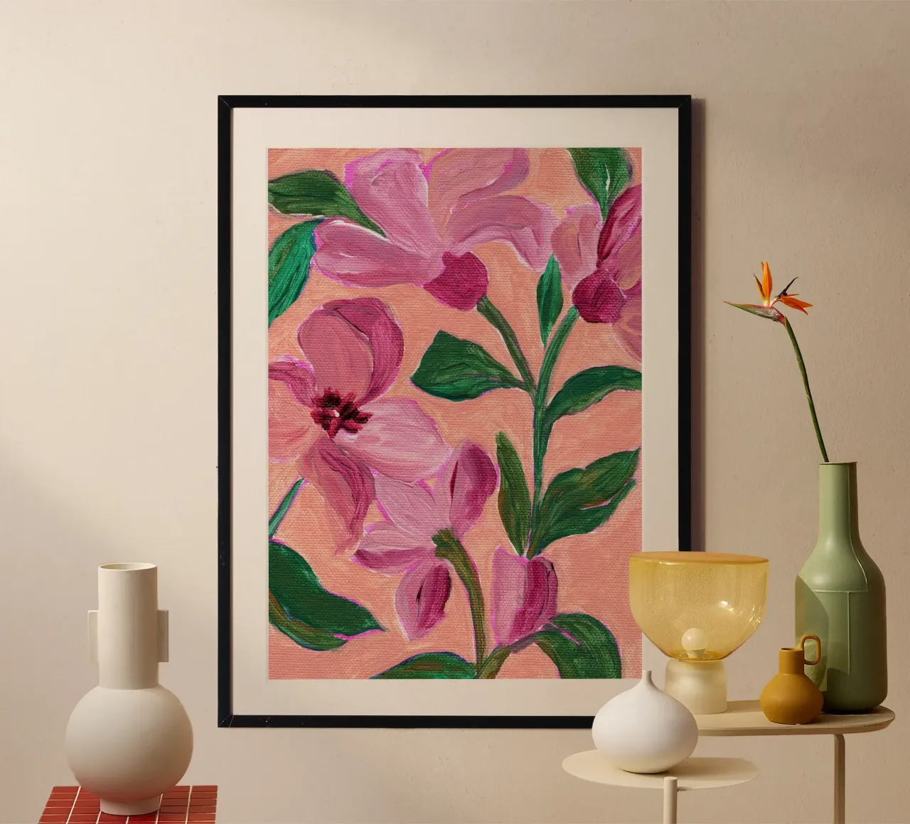 Pink Flowers With Bold Green Leaves poster by Nikita Jariwala