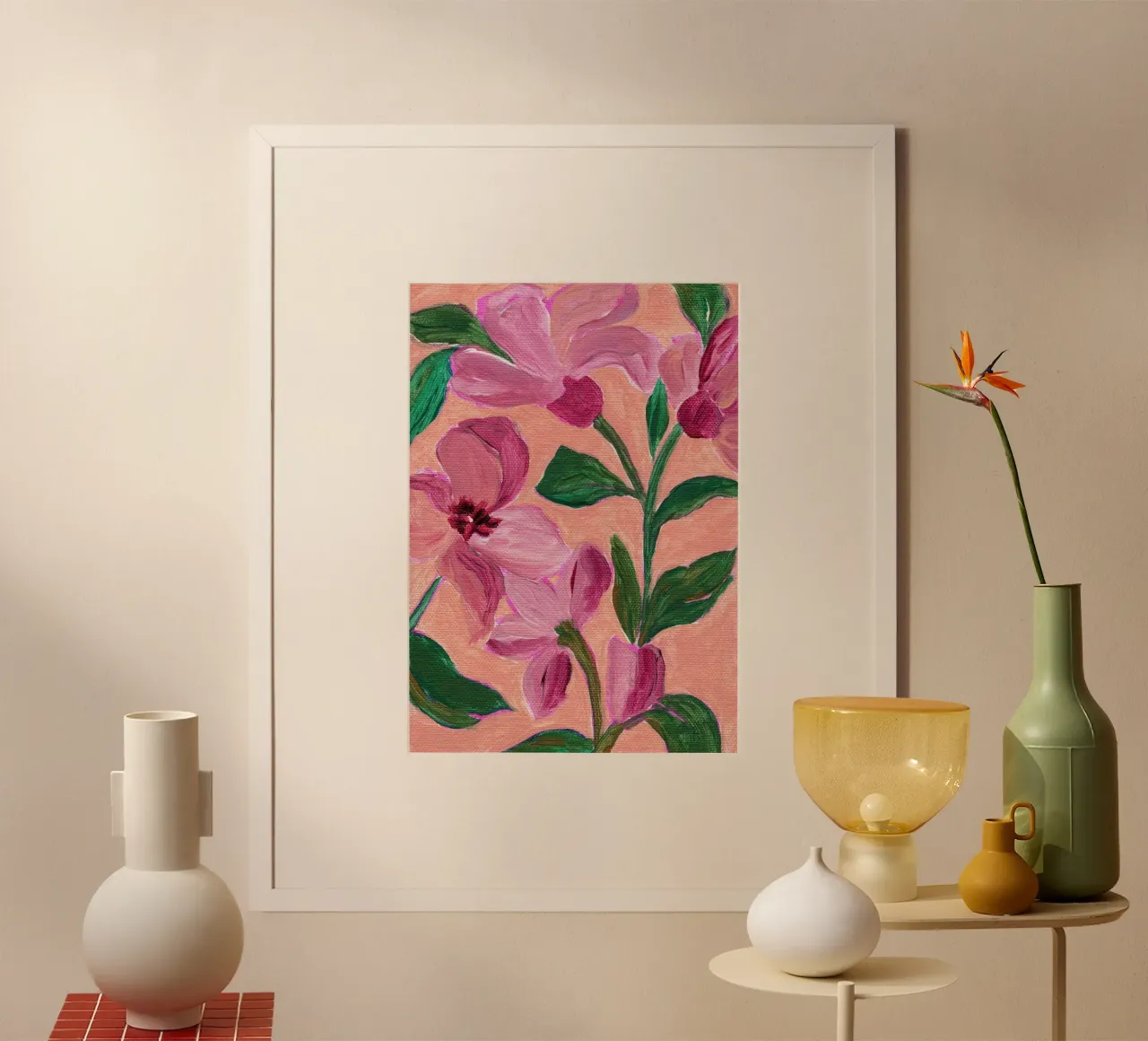 Pink Flowers With Bold Green Leaves poster by Nikita Jariwala