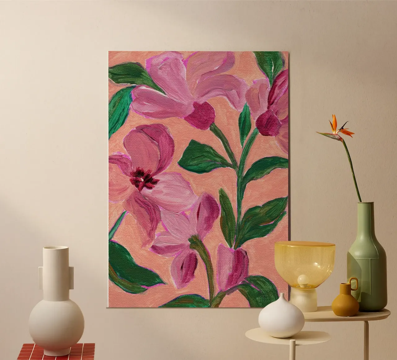 Pink Flowers With Bold Green Leaves poster by Nikita Jariwala
