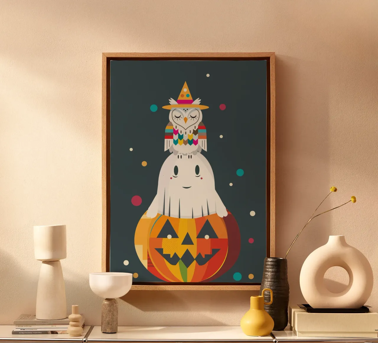 Fun Halloween stack with owl, ghost and pumpkin canvas with Floater frame by namosh