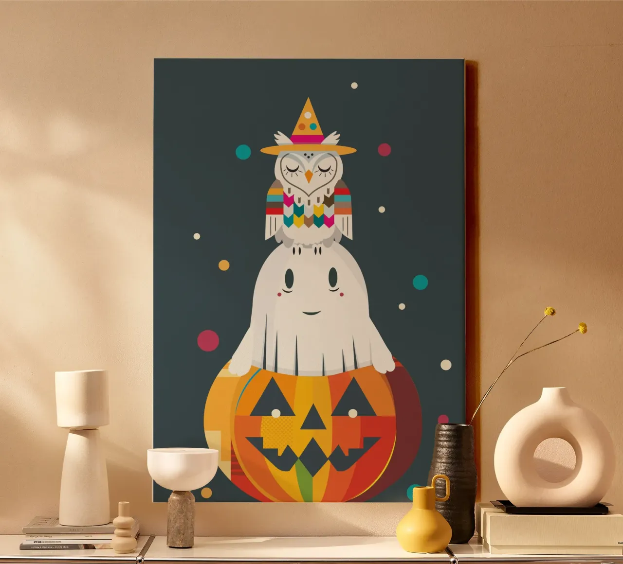 Fun Halloween stack with owl, ghost and pumpkin canvas with Floater frame by namosh