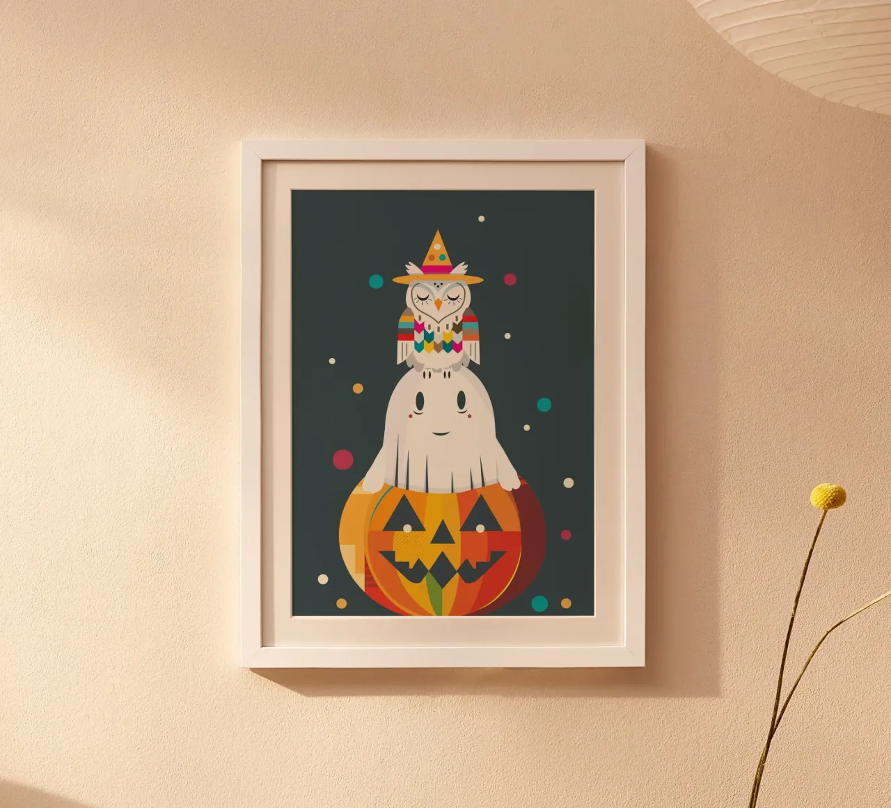 Divertente pila di Halloween con gufo, fantasma e zucca poster con telaio in alluminio da namosh