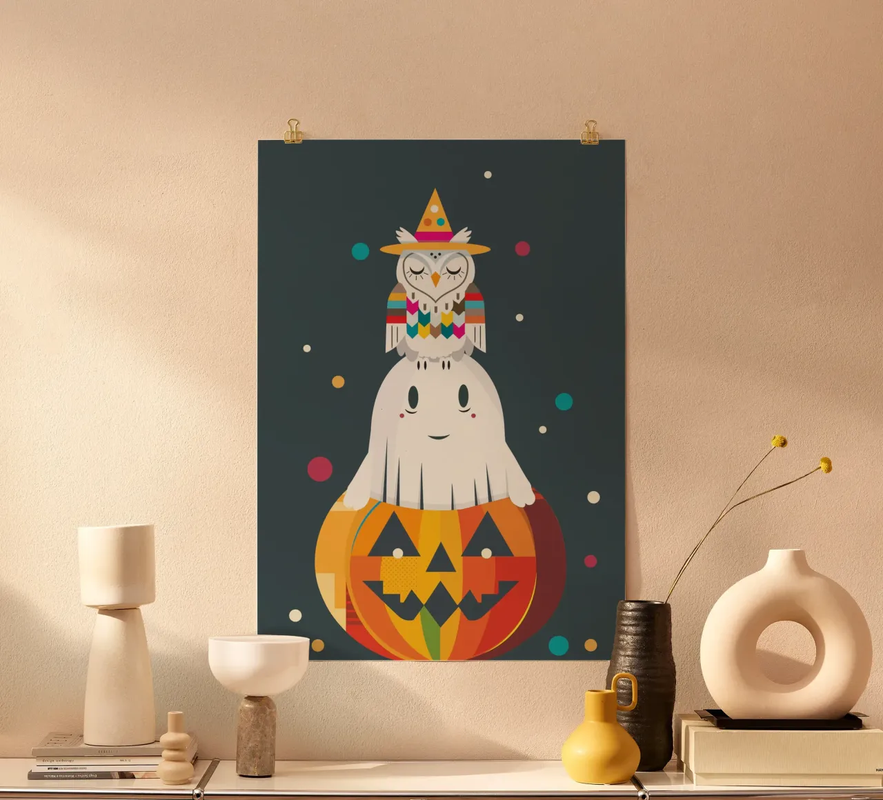 Divertente pila di Halloween con gufo, fantasma e zucca poster con telaio in alluminio da namosh