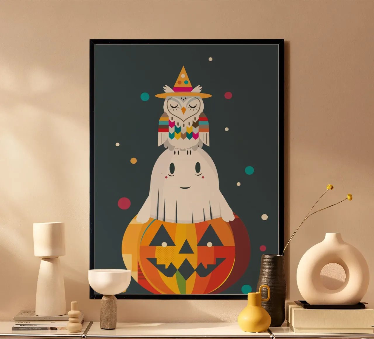 Divertente pila di Halloween con gufo, fantasma e zucca poster con telaio in alluminio da namosh