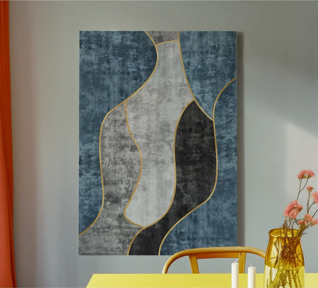abstract art blue and golden lines canvas by vintageshop