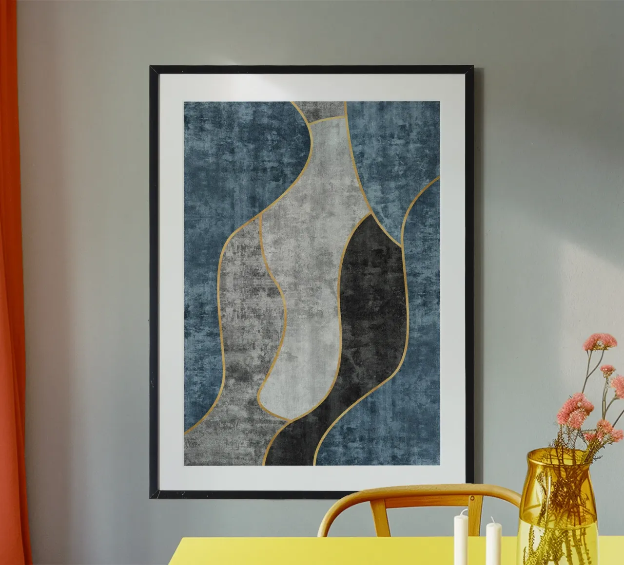 abstract art blue and golden lines hahnemühle by vintageshop