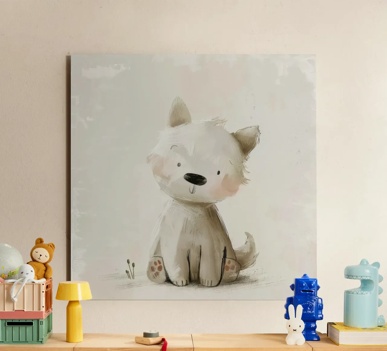 Illustrazione digitale di un cucciolo beige alluminio dibond da DesignDoodle