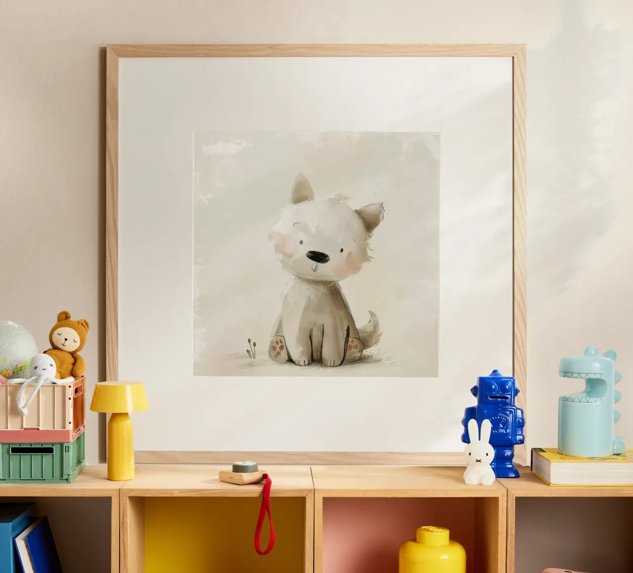 Illustrazione digitale di un cucciolo beige poster con telaio in legno da DesignDoodle