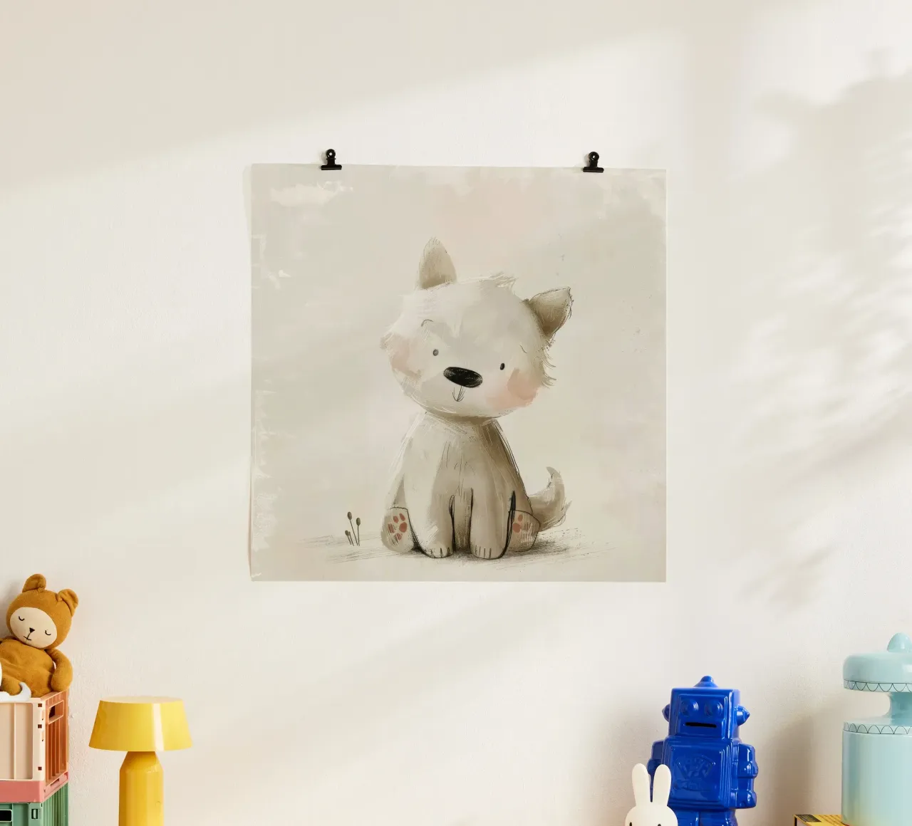 Illustrazione digitale di un cucciolo beige poster con telaio in legno da DesignDoodle