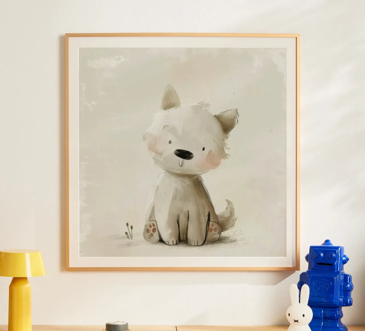 Illustrazione digitale di un cucciolo beige poster con telaio in legno da DesignDoodle