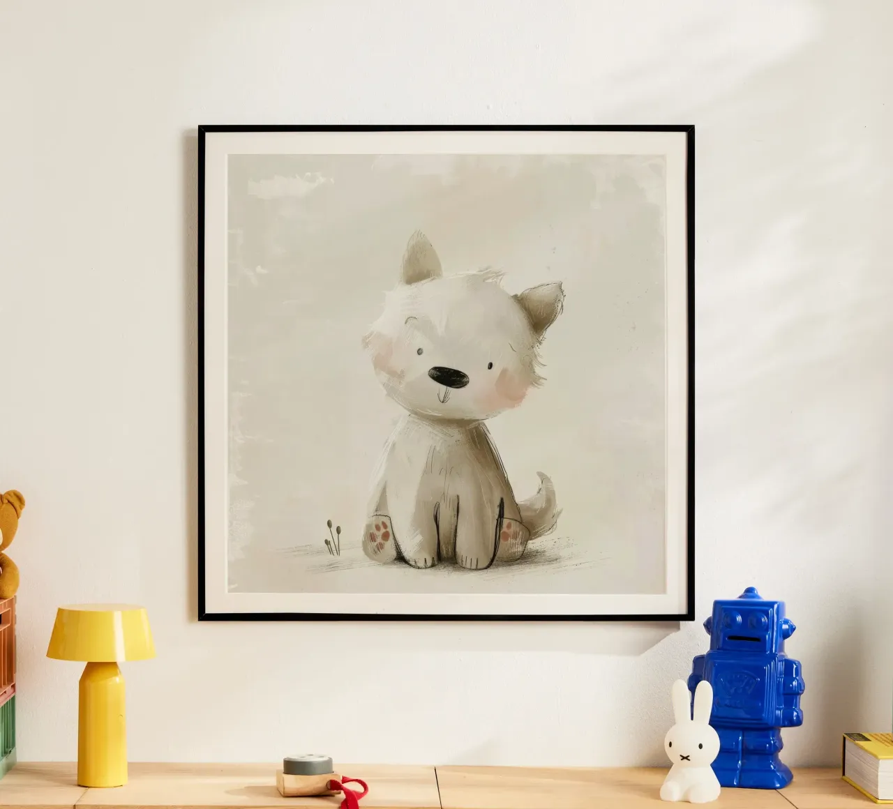 Illustrazione digitale di un cucciolo beige poster con telaio in legno da DesignDoodle