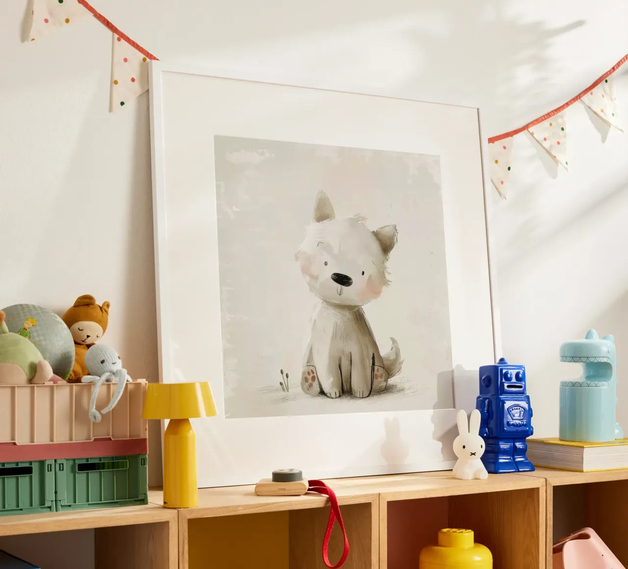 Illustrazione digitale di un cucciolo beige poster con telaio in legno da DesignDoodle