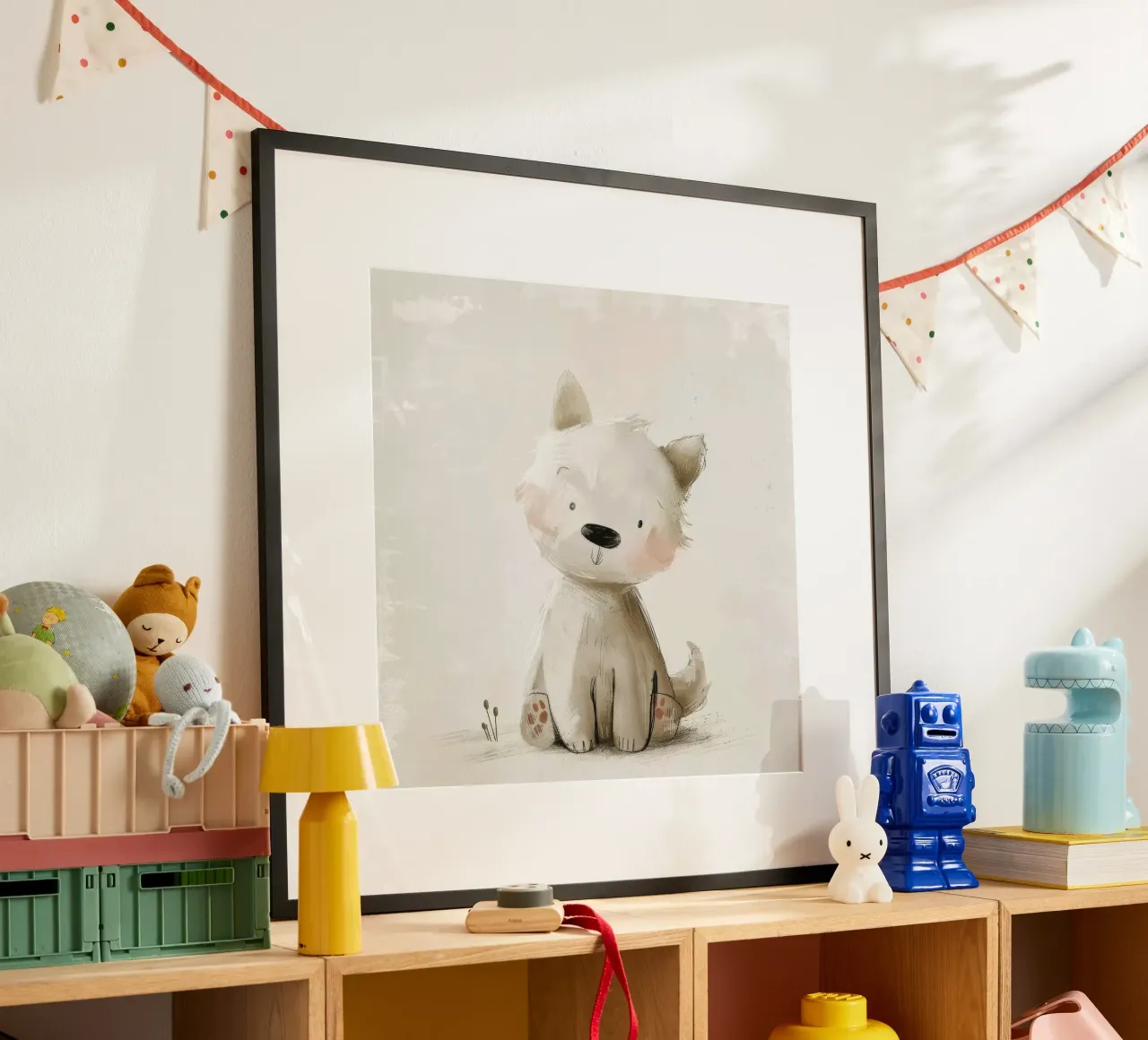 Illustrazione digitale di un cucciolo beige poster con telaio in legno da DesignDoodle