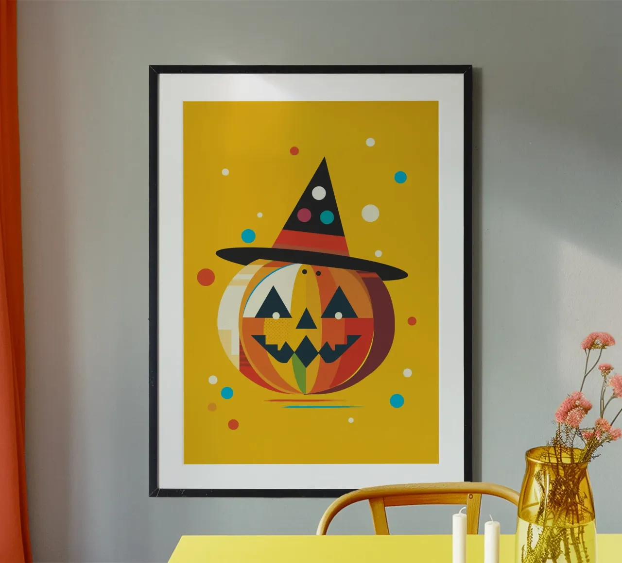 Zucca di Halloween colorata con cappello da strega - Motivo di allegria poster con telaio in plastica da namosh