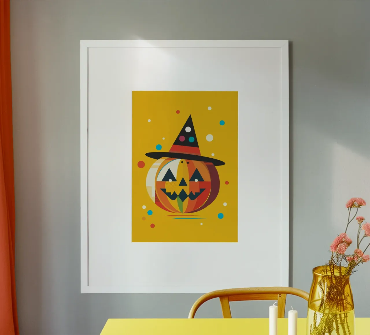 Zucca di Halloween colorata con cappello da strega - Motivo di allegria poster con telaio in plastica da namosh