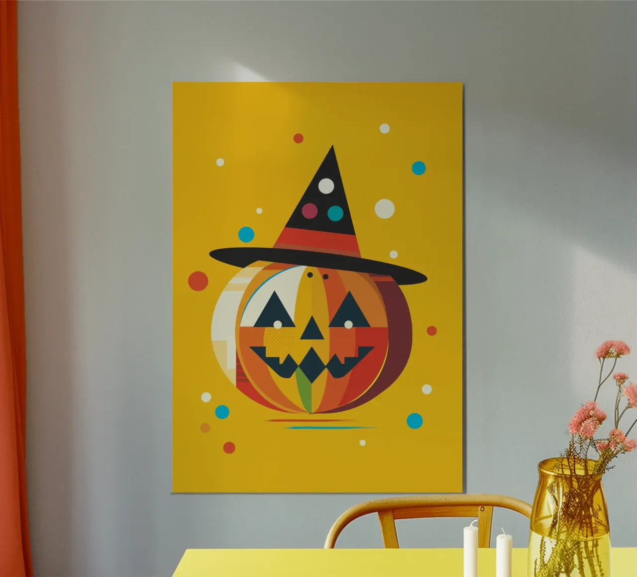 Zucca di Halloween colorata con cappello da strega - Motivo di allegria poster con telaio in plastica da namosh
