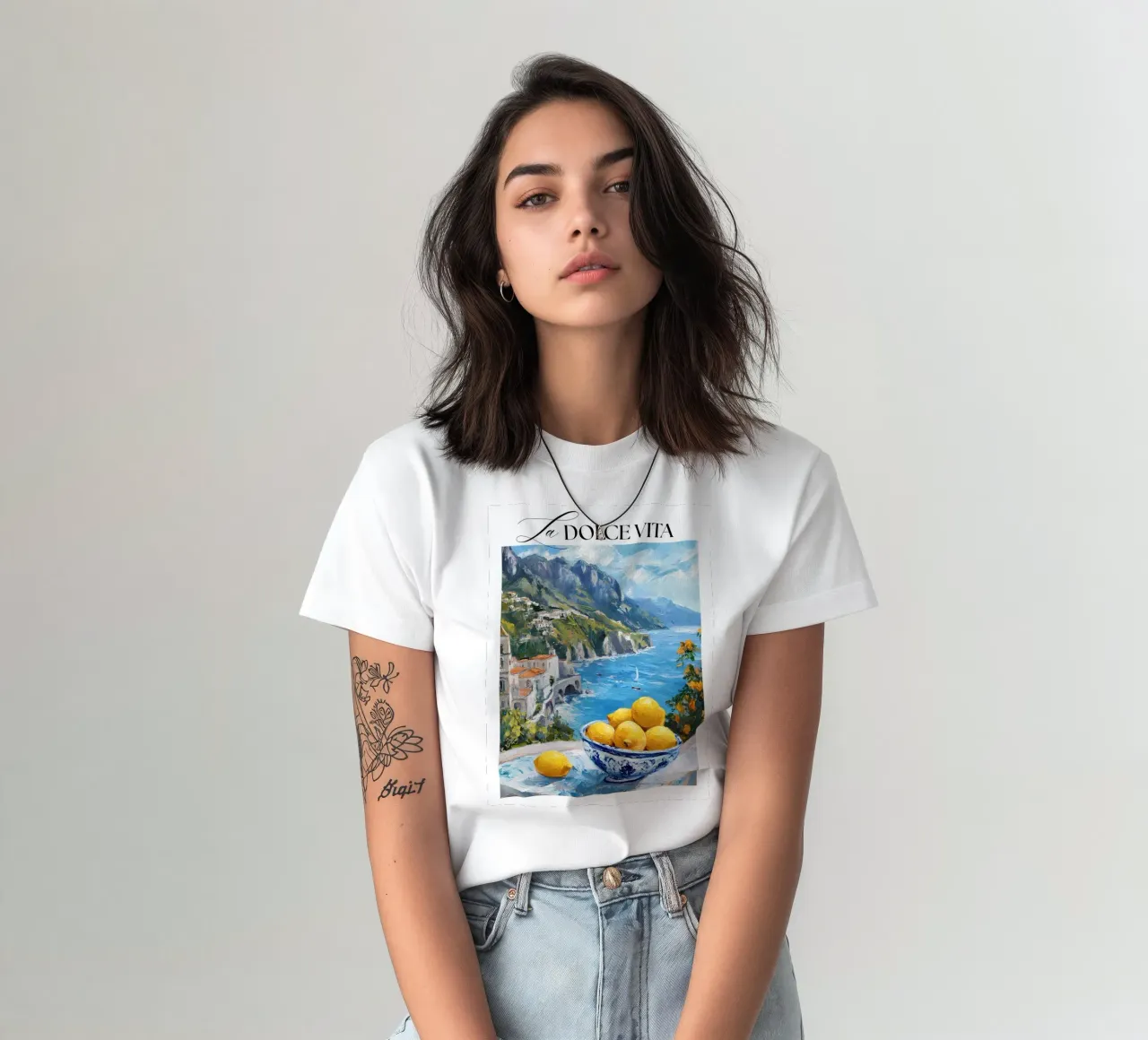 Lemons with Mediterranean view t-shirt by IamHomeStudio