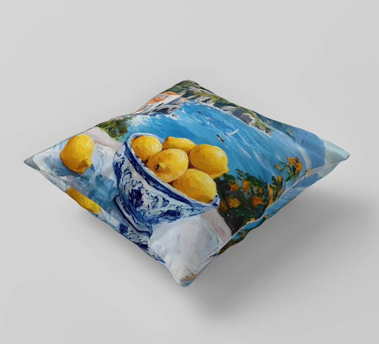Lemons with Mediterranean view decorative cushion by IamHomeStudio