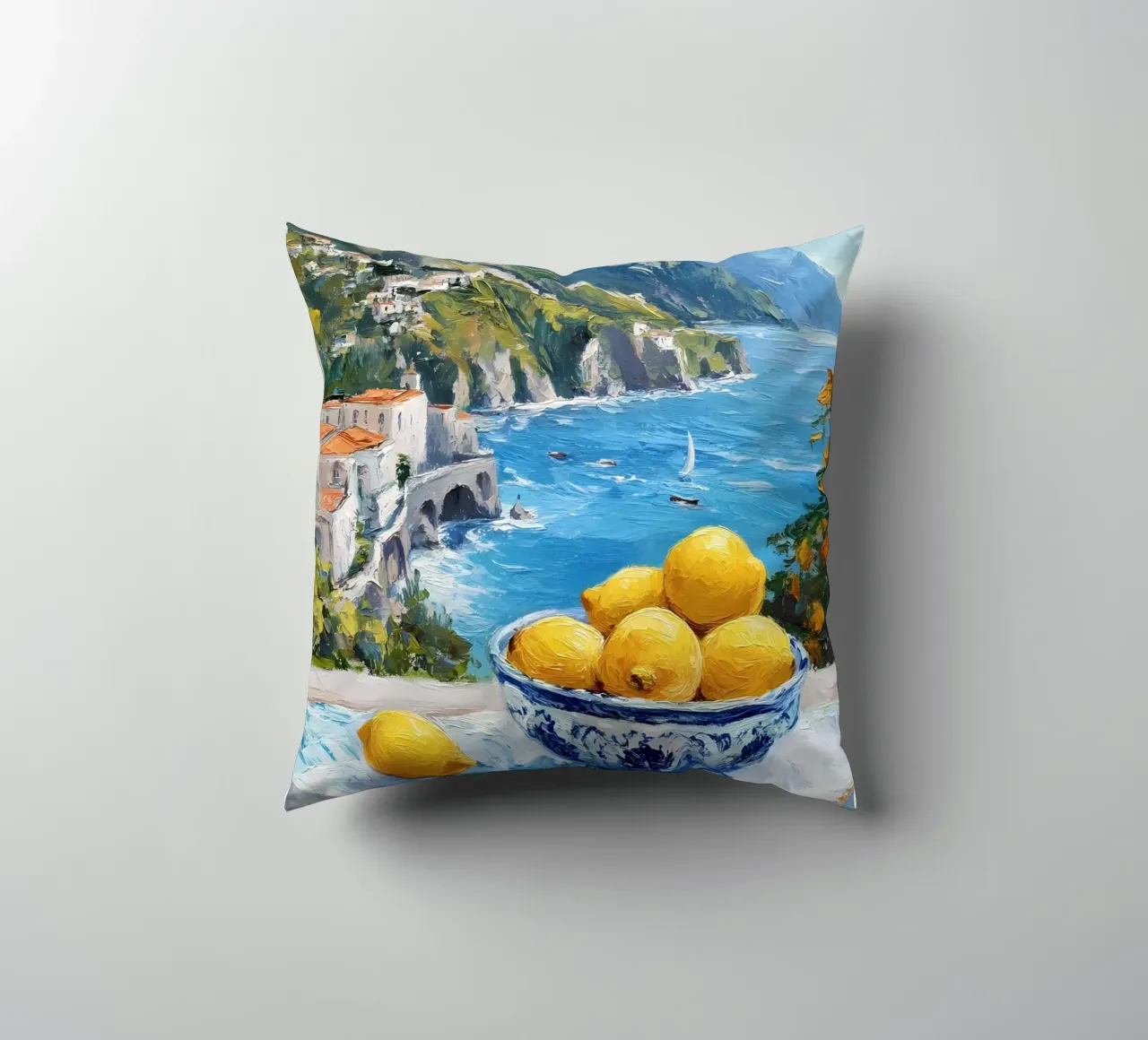 Lemons with Mediterranean view decorative cushion by IamHomeStudio