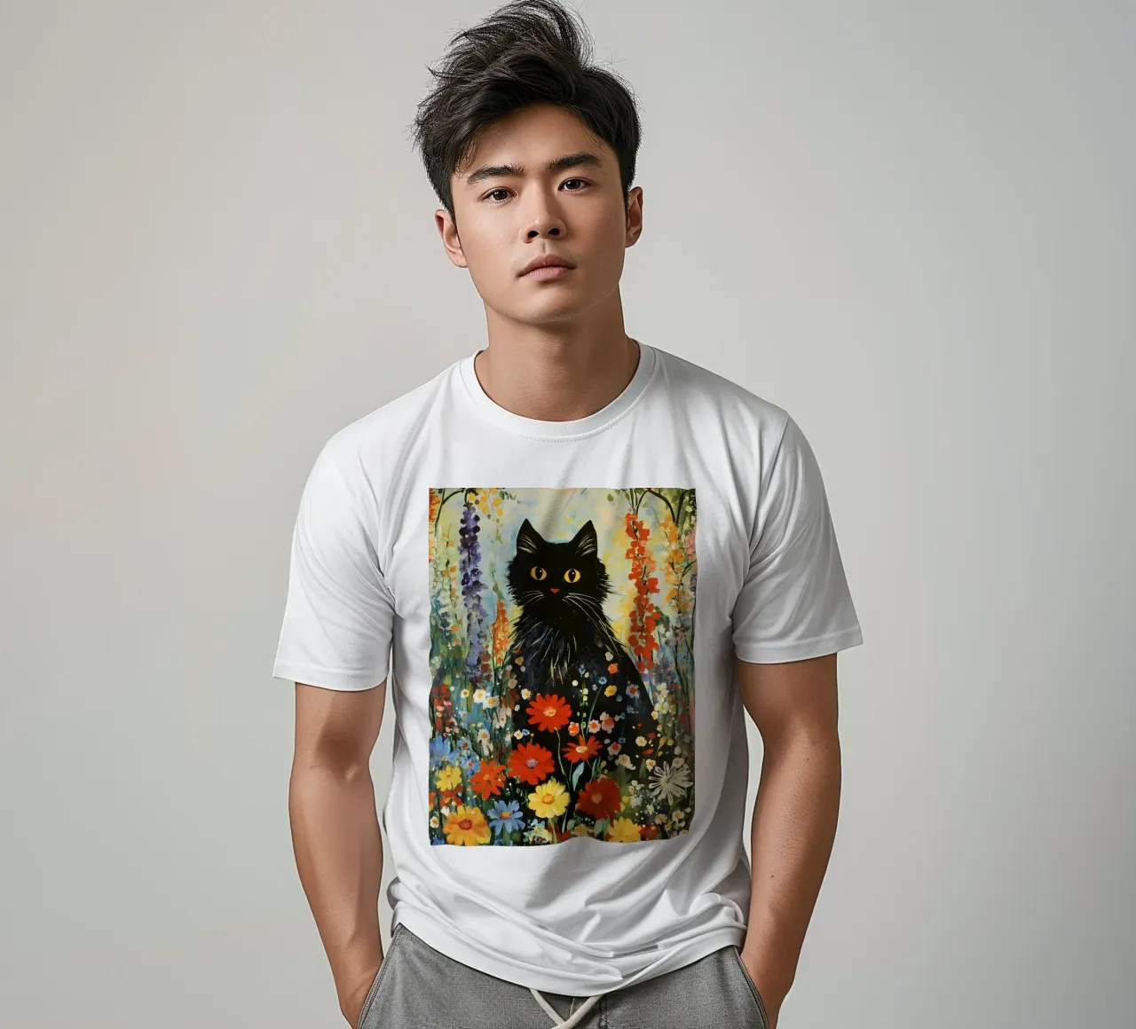 Gatto nero in prato fiorito t-shirt da IamHomeStudio