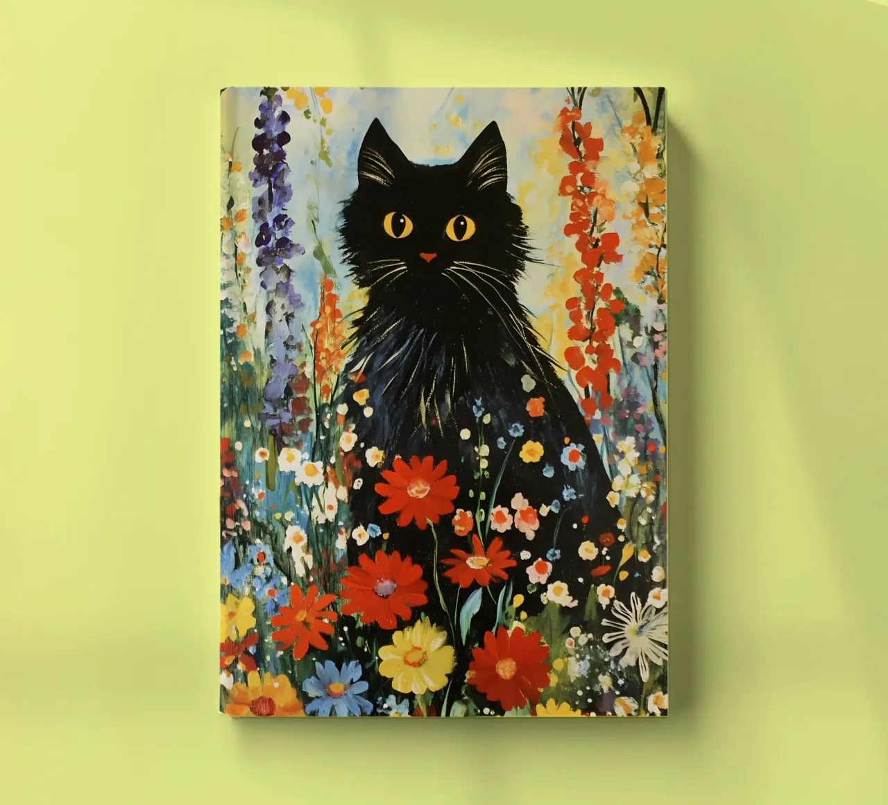 Chat noir dans un pré fleuri carnet de notes de IamHomeStudio