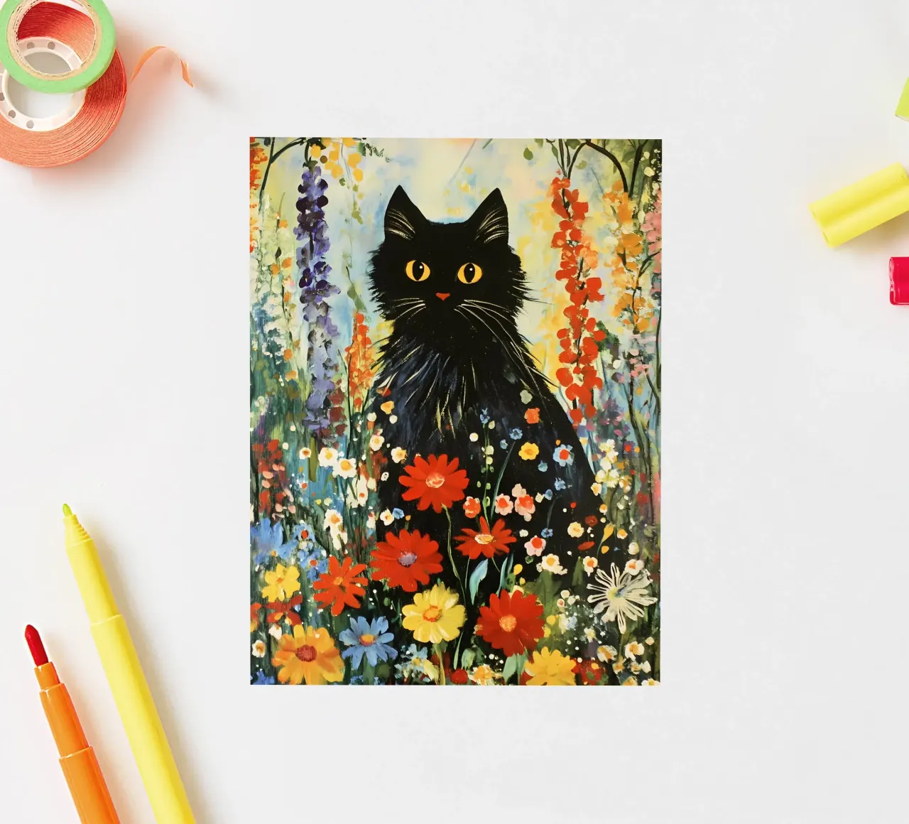 Chat noir dans un pré fleuri autocollant de IamHomeStudio