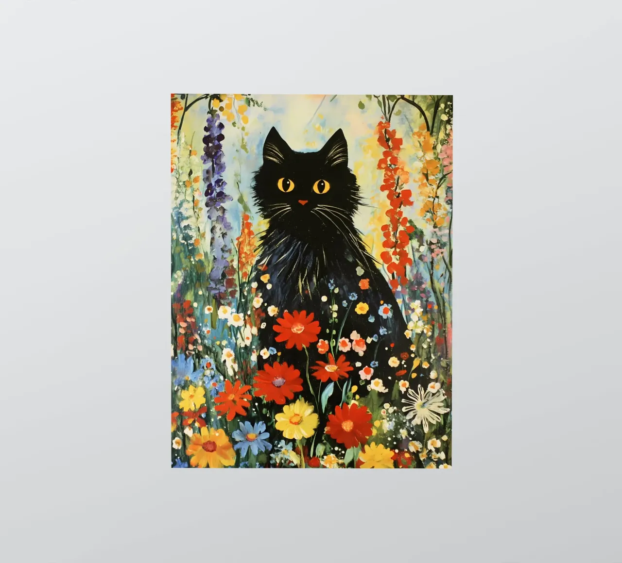Chat noir dans un pré fleuri autocollant de IamHomeStudio