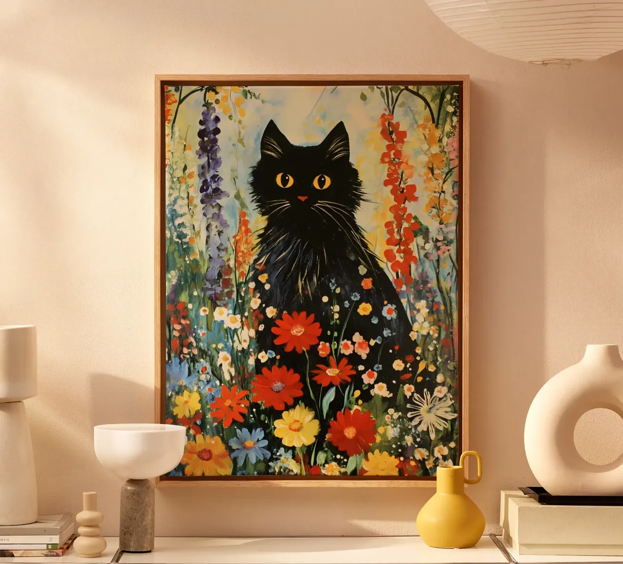 Zwarte kat in bloemenweide canvas van IamHomeStudio