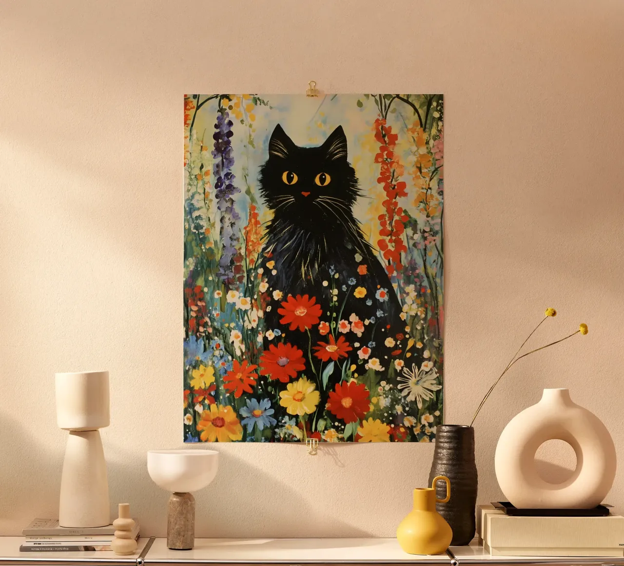 Chat noir dans un pré fleuri hahnemühle de IamHomeStudio