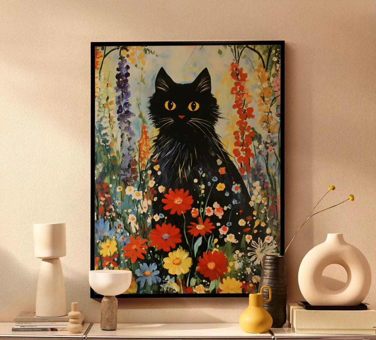 Chat noir dans un pré fleuri hahnemühle de IamHomeStudio