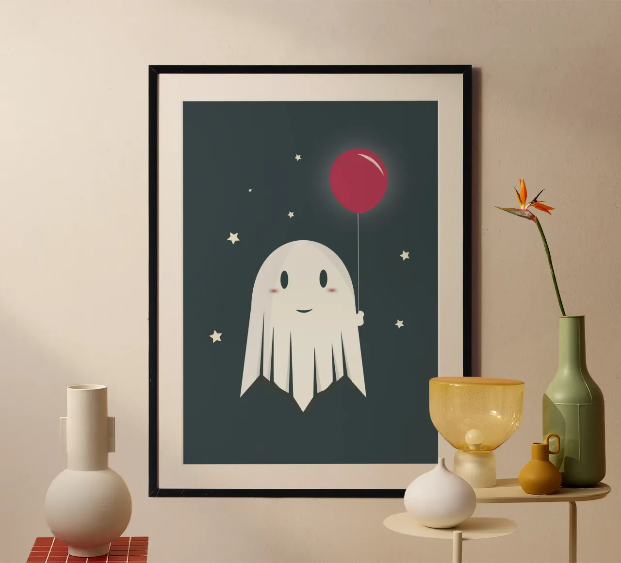 Cheerful ghost with balloon - playful Halloween motif poster with aluminum frame by namosh