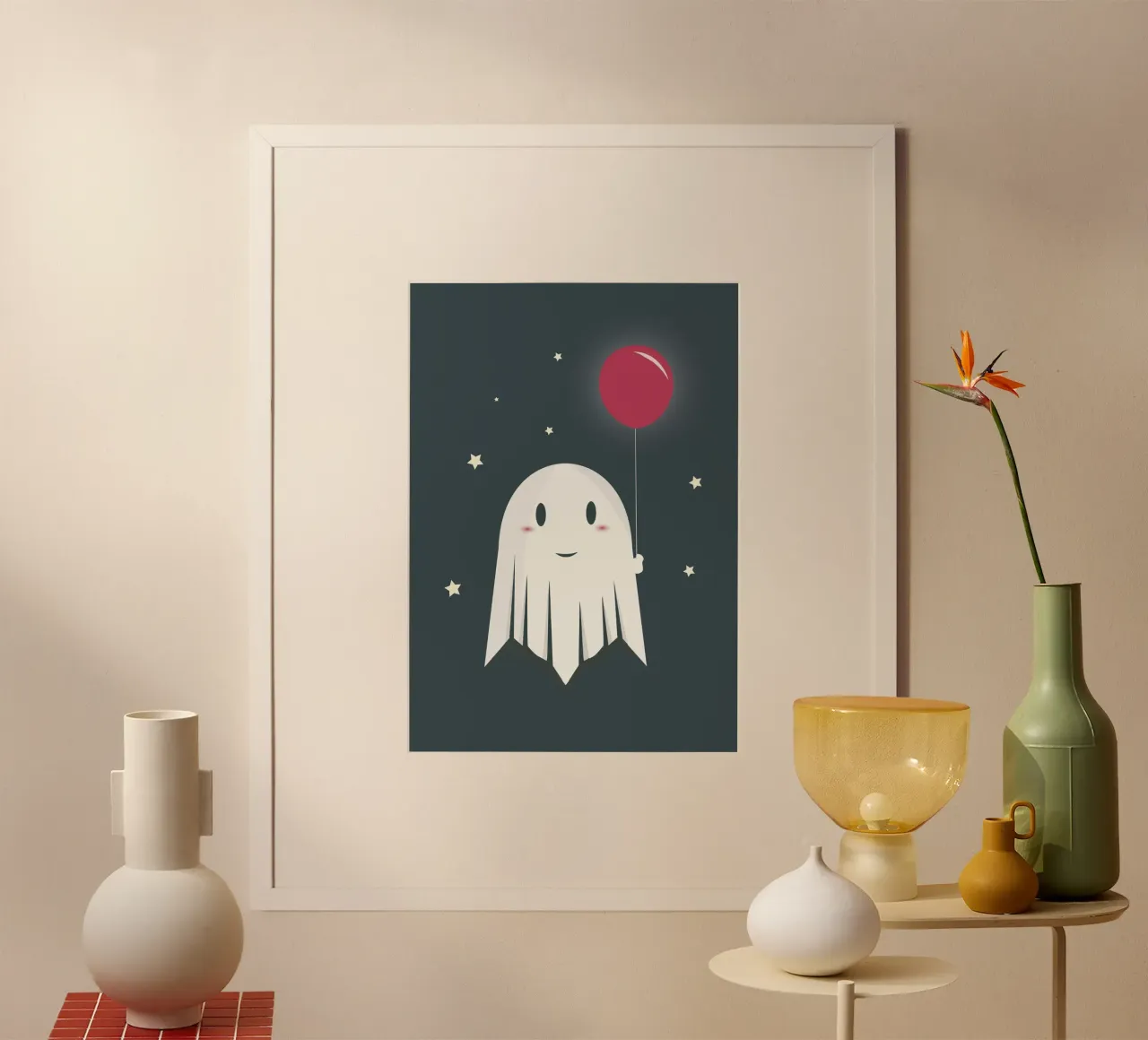 Cheerful ghost with balloon - playful Halloween motif poster with aluminum frame by namosh
