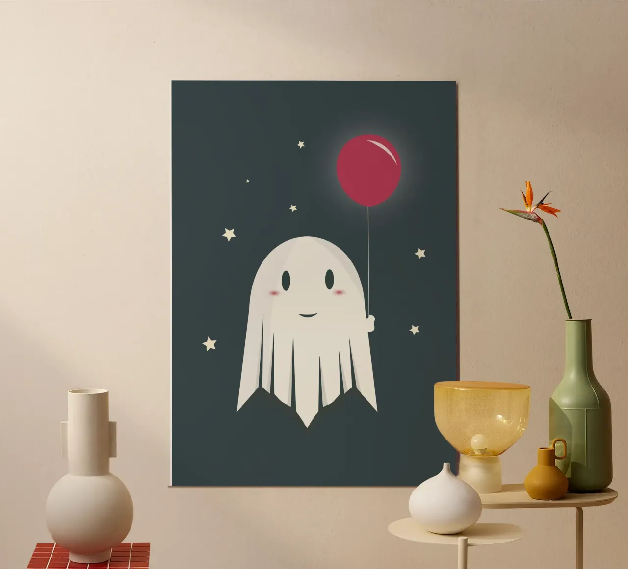 Cheerful ghost with balloon - playful Halloween motif poster with aluminum frame by namosh