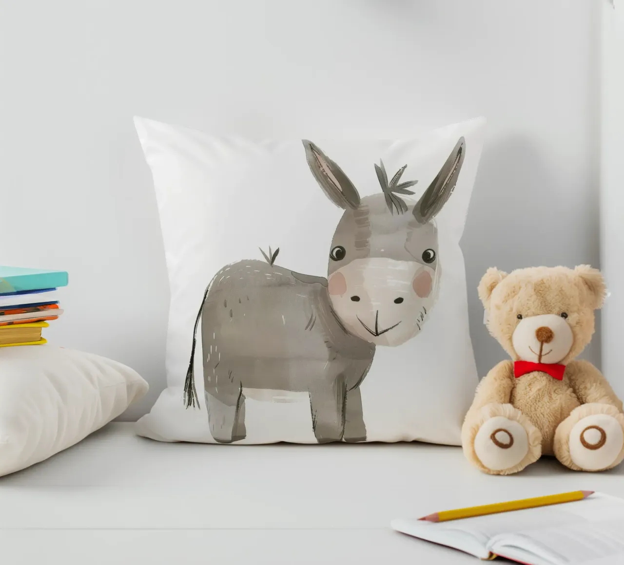 Illustrazione di un asino grigio sorridente cuscino da DesignDoodle