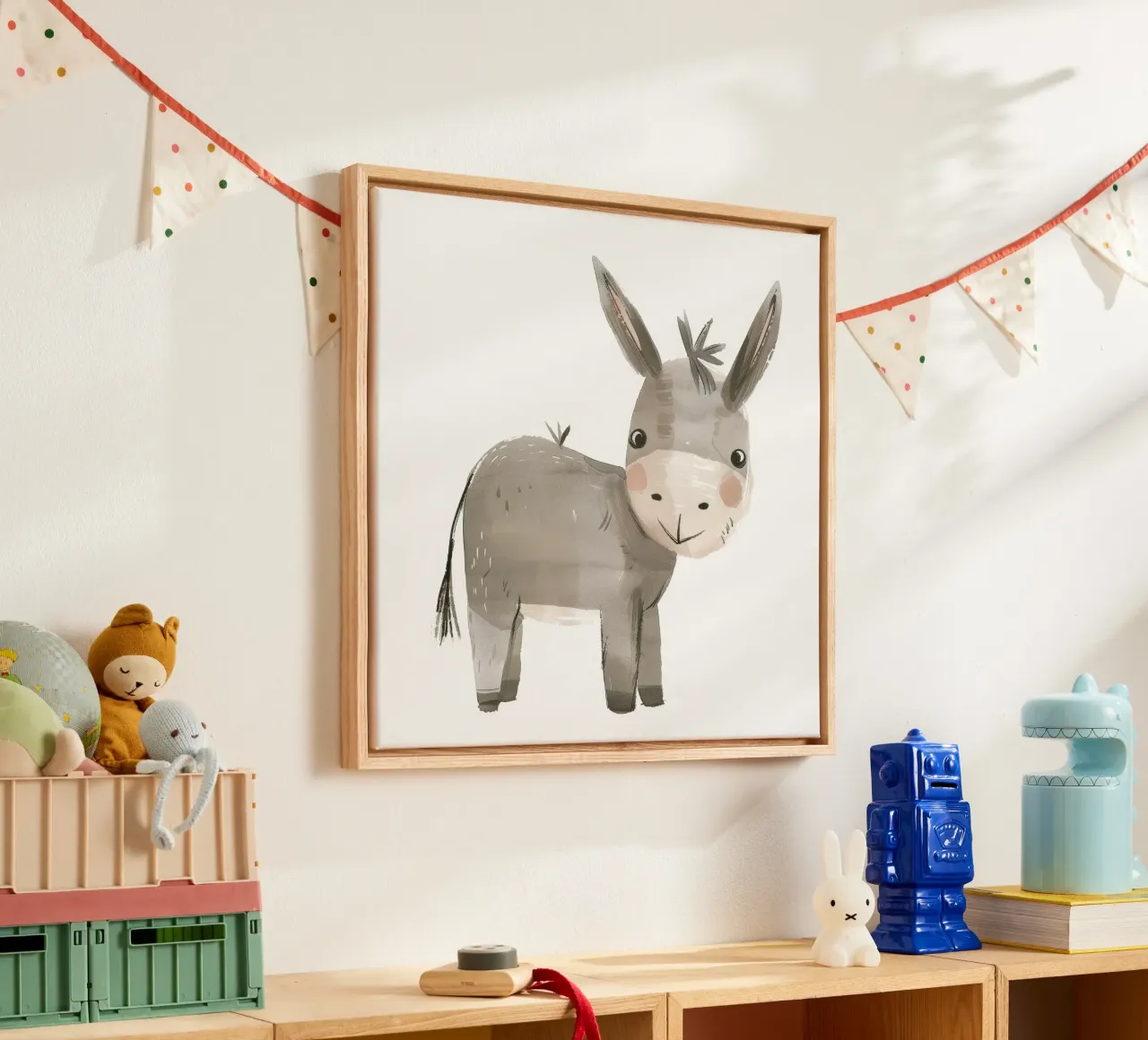 Illustration of a smiling Gray Donkey canvas with Floater frame by DesignDoodle